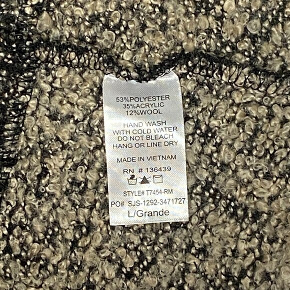 SJS Boucle Knit Cowl Neck Asymmetrical Sweater L Black Tan Roll Sleeve Cozy Chic - Picture 12 of 12